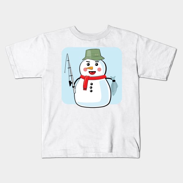 Snowman Fisher - Funny Illustration Kids T-Shirt by DesignWood Atelier